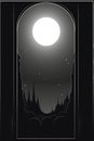 a black and white image of a window with a full moon in the background Royalty Free Stock Photo