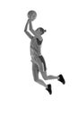 Black and white image of young athletic girl in jump, playing basketball against white studio background. Concept of Royalty Free Stock Photo