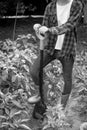 Black and white image of young woman working with shovel in garden Royalty Free Stock Photo