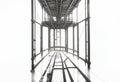 Black and White Industrial Rail Track Perspective, Steel Structure Interior Design Element, Modern Architecture Royalty Free Stock Photo