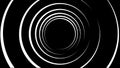 Black and white infinite tunnel of circles moving slowly on black background. Animation. Flying through monochrome