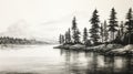 Black And White Pencil Drawing Of A Romanticized Lake With Pine Trees Royalty Free Stock Photo