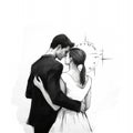 black and white ink illustration of a loving couple of newlyweds bride and groom