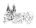 Black and white ink sketch line drawing of Prague old town top c