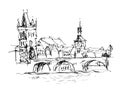 Black and white ink sketch line drawing of Prague old town top c