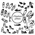 Black and white ink sketch. Women`s shoes collection: flats, pumps, heels, wedges, sandals, flatform, mules. Vector