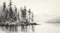 Black And White Ink Wash Drawing Of Pine Trees By A Lake