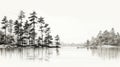 Black And White Drawing Of Serene Pine Trees Along Water