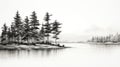 Black And White Ink Wash Painting: Pine Trees Along A Beautiful River Royalty Free Stock Photo