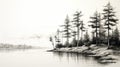 Black And White Ink Wash Painting Of Pine Trees By A Lake Royalty Free Stock Photo