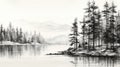 Black And White Ink Wash Painting Of Pine Trees By The Lake