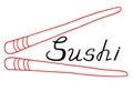 Black-white inscription Sushi sign, lettering with red Chinese chopsticks  isolated on white background. Food illustration Royalty Free Stock Photo