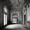 black and white interior of an abandoned black and white mansion urbex Generative AI