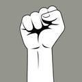 Black and white isolated line drawing of a raised hand clenched into a fist as a symbol of fight, freedom, protest and solidarity