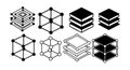 Black and white isometric style molecular geometric shapes with layered cubes and connected nodes set on white background Royalty Free Stock Photo