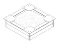 Black and white isometric vector outline drawing of a wooden children`s sandbox with bumps