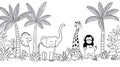 Cute safari animals black and white line art with palm trees Royalty Free Stock Photo