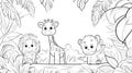 Cute Cartoon Safari Animals Outline - Coloring Page Lion Cub, Giraffe, Monkey Royalty Free Stock Photo