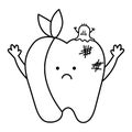 Black and white kawaii aching tooth with bandage and microbe. Vector caries teeth with decay line icon. Funny dental care picture