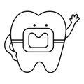 Black and white kawaii tooth with braces. Vector teeth line icon. Funny dental care picture for kids. Dentist baby clinic clipart