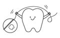 Black and white kawaii tooth holding floss. Vector teeth line icon. Funny dental care picture for kids. Dentist baby clinic