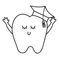 Black and white kawaii wisdom tooth with academic hat. Vector teeth line icon. Funny dental care picture. Dentist baby clinic