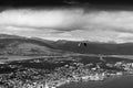 Black and white kite flyer above city background