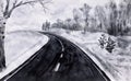 Black white landscape. Asphalt road leading to the church. Ink drawing Royalty Free Stock Photo