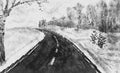 Black white landscape. Asphalt road leading to the church. Ink drawing converted to vector Royalty Free Stock Photo