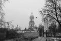 Black and white landscape with church and monastery Royalty Free Stock Photo