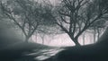 Black and white landscape of dark mystical forest