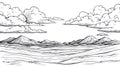 Cloudy Mountain Landscape Sketch - Black and White Scenery Drawing Royalty Free Stock Photo
