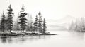 Black And White Landscape Drawing: Pine Trees Along Water Royalty Free Stock Photo