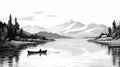 High Detail Black And White Lake Scene Illustration