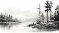 Black And White Digital Painting Lake And Forest Landscape Royalty Free Stock Photo