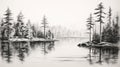 Black And White Pencil Drawing Of Pine Trees By A Lake Royalty Free Stock Photo
