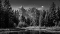 Black and White Landscape Photo of the view of the Grand Tetons from Schwabacher Landing Royalty Free Stock Photo