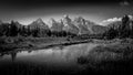 Black and White Landscape Photo of the view of the Grand Tetons from Schwabacher Landing in Grand Teton National Park Royalty Free Stock Photo