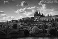 Black-and-white landscape of Prague. The prospect of a European city