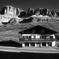 Black and white Landscape of Sass Pordoi from Dolomite Sella group Pass Pordoi, Italy