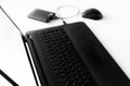 Black and white laptop hdd mouse on the Desk is blurred Royalty Free Stock Photo