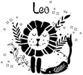 Black and white Leo astrological sign. Cute Zodiac sign with colorful leaves and stars around. Cute Leo perfect for Royalty Free Stock Photo