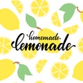 Black and white lettering inscriptions Homemade Lemonade on white background with yellow lemones. Modern calligraphy for