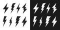 Black and white lightning bolt icons with grunge texture. Vintage flash symbol, thunderbolt. Simple lightning strike