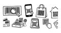 Black and white line art barcode and qr code illustrations with magnifying glass online shopping bag and mobile phone security Royalty Free Stock Photo