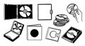 Black and white line art collection of compact disc cases and discs with hand holding one disc isolated on white background Royalty Free Stock Photo