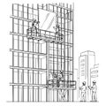 Black and white line art of construction workers installing glass on a skyscraper Royalty Free Stock Photo
