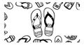 Black and white line art flat design pattern of various sandals and flip flops arranged randomly seamless vector background Royalty Free Stock Photo