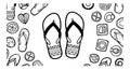 Black and white line art flip flops with tribal patterns surrounded by assorted simple footwear and decorative elements seamless Royalty Free Stock Photo