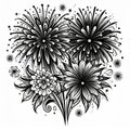 Black and White Line Art Floral Fireworks Illustration Royalty Free Stock Photo